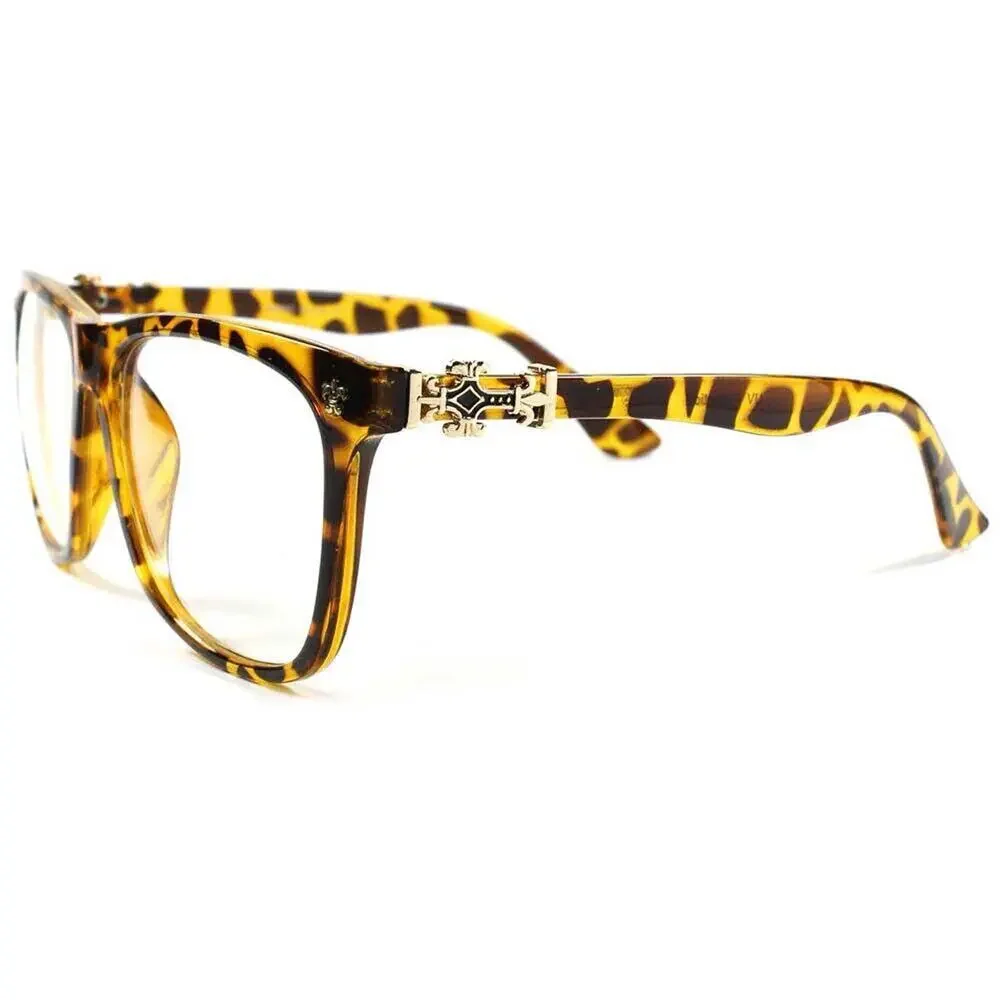 Tortoise Gold Cross Rectangle Clear Lens Glasses Unisex